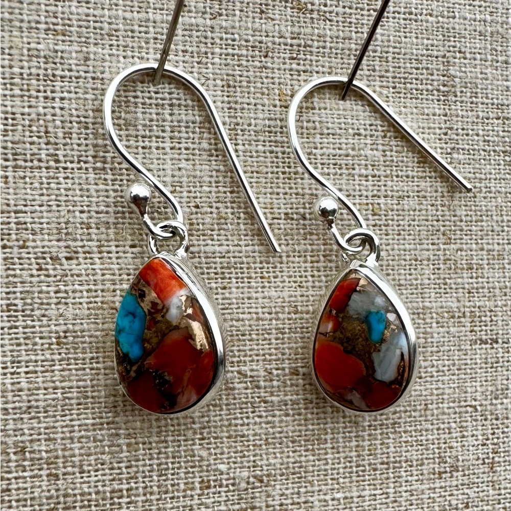 Silver and Spiny Oyster/Turquoise/Copper Dangle Earrings (listing #2)